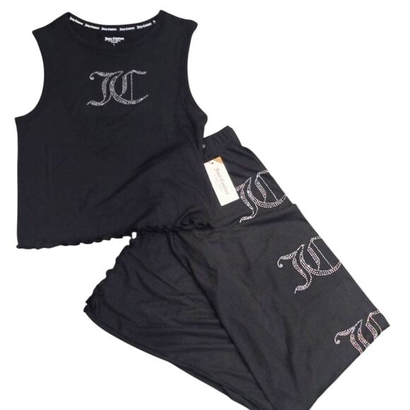 Juicy Couture JC Rhinestone Logo Ribbed Tank & Pants PJ Set- Black - Picture 2 of 8